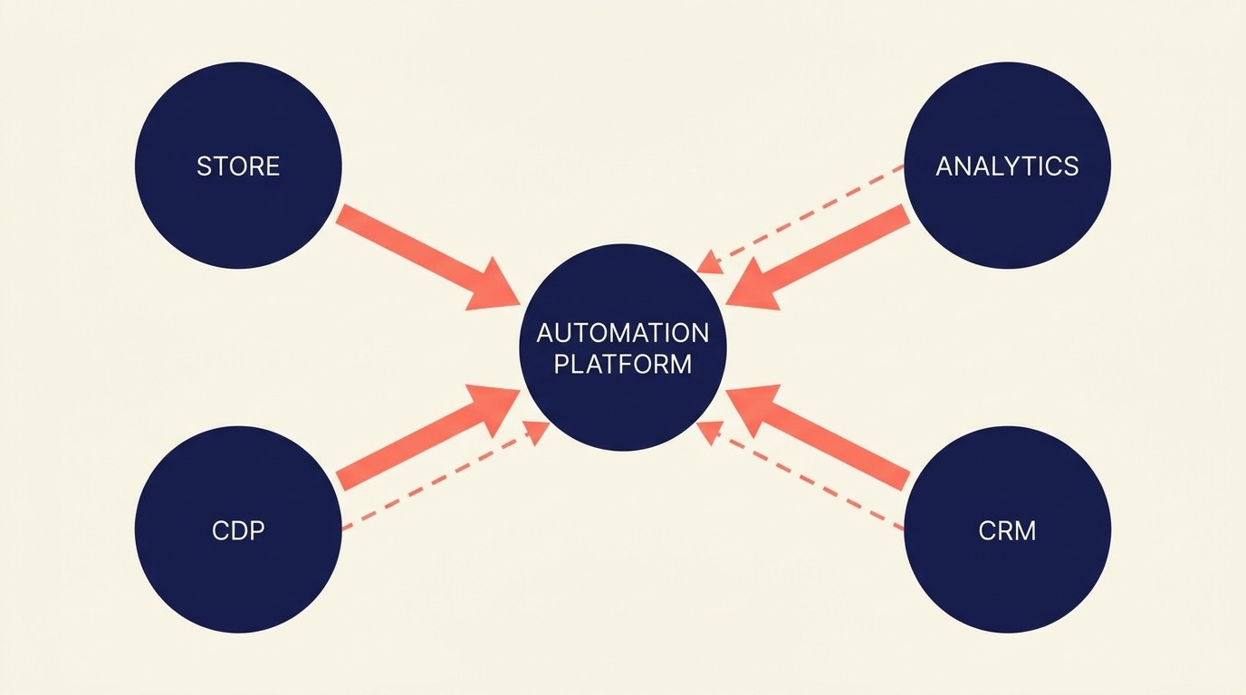 Arquitectura de integración que conecta la tienda, el CDP, analytics y el CRM al hub de automatización