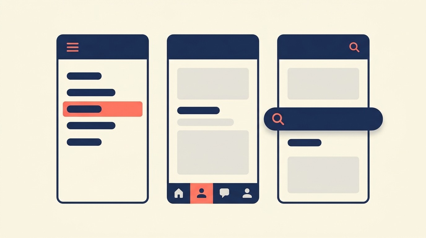 Mobile navigation patterns including hamburger menus bottom bars and search