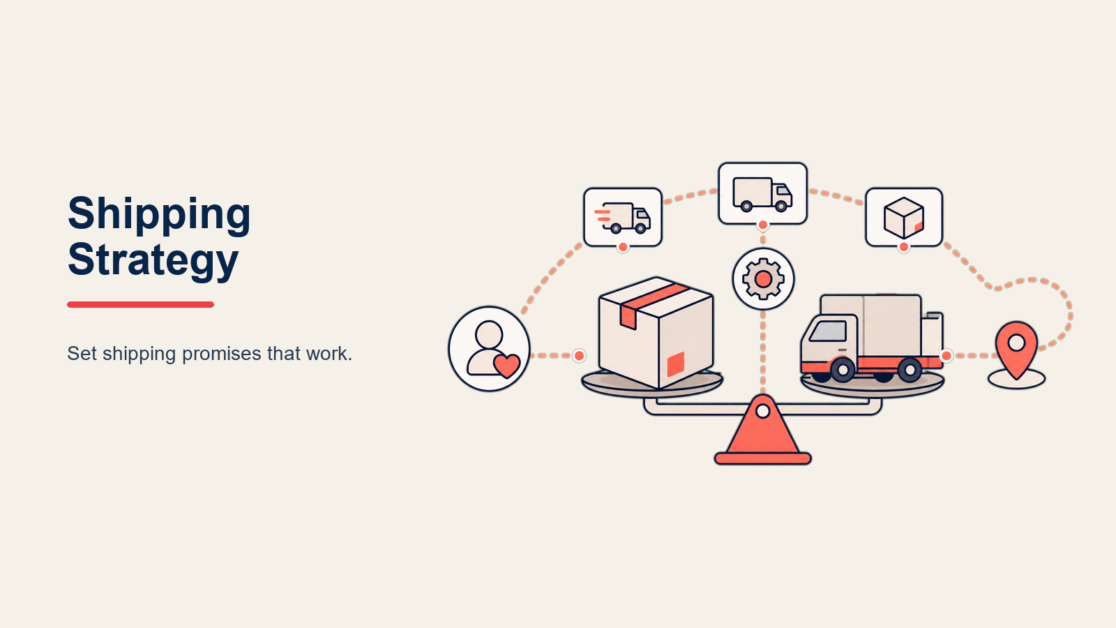 E-commerce Shipping Strategy and Pricing, illustrated as a shipping control compass balancing a parcel, carrier route, delivery clock, and margin token around one coral decision marker