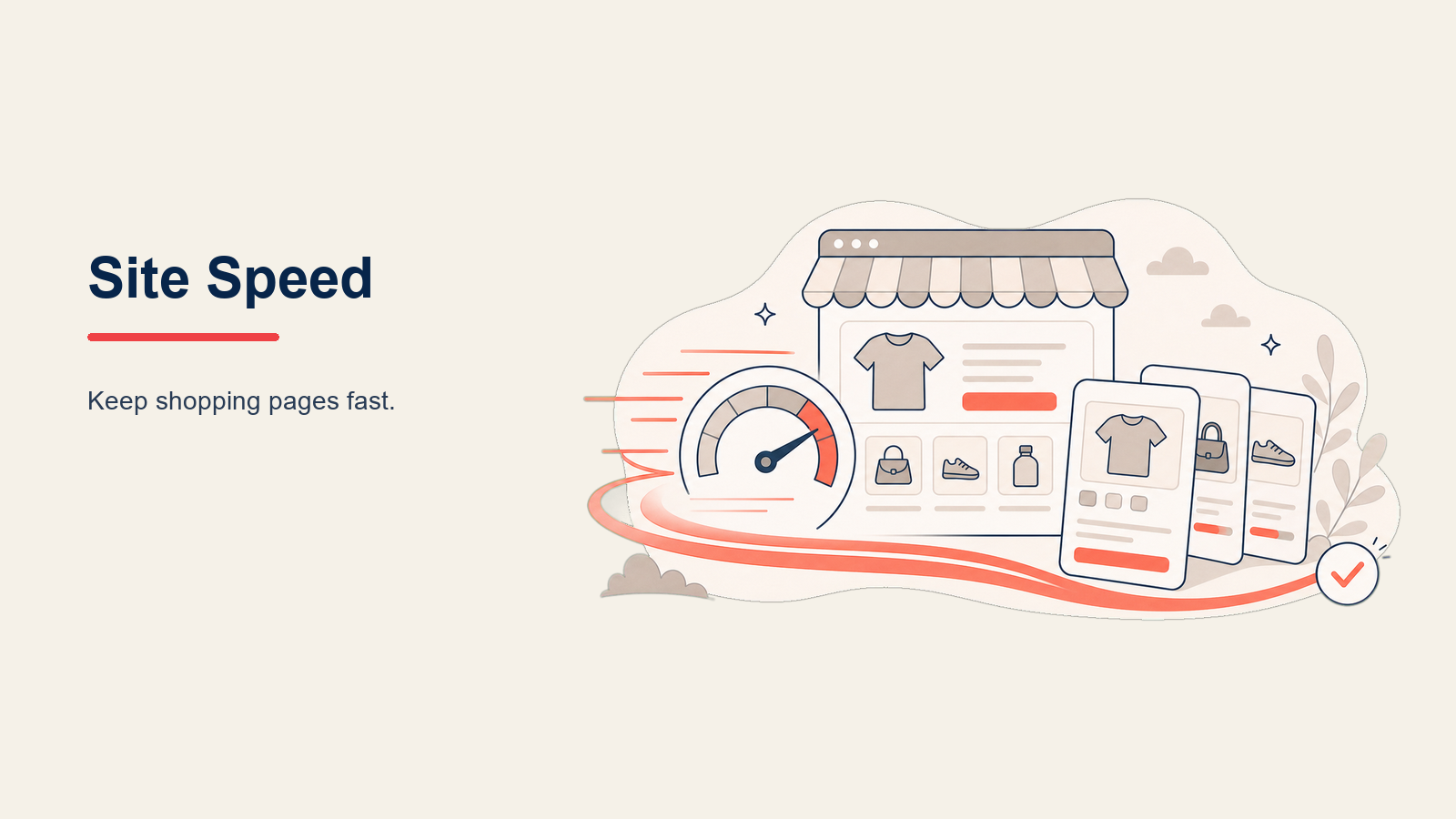 E-commerce Site Speed: a streamlined storefront page gliding along a smooth speed runway toward a coral checkout signal, with minimal motion lines