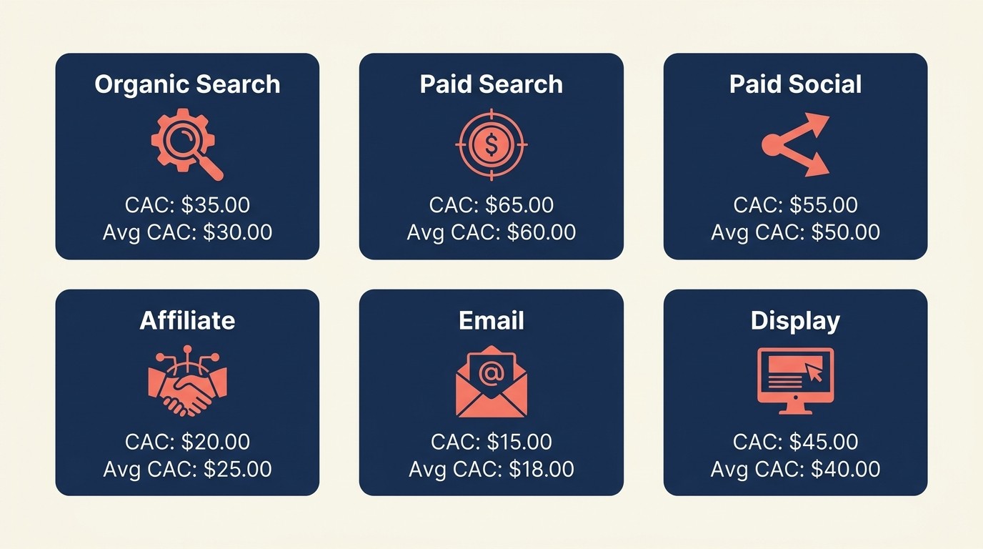 Canales principales de adquisición para e-commerce incluyendo SEO, búsqueda pagada, redes sociales pagadas, afiliados, email y retargeting