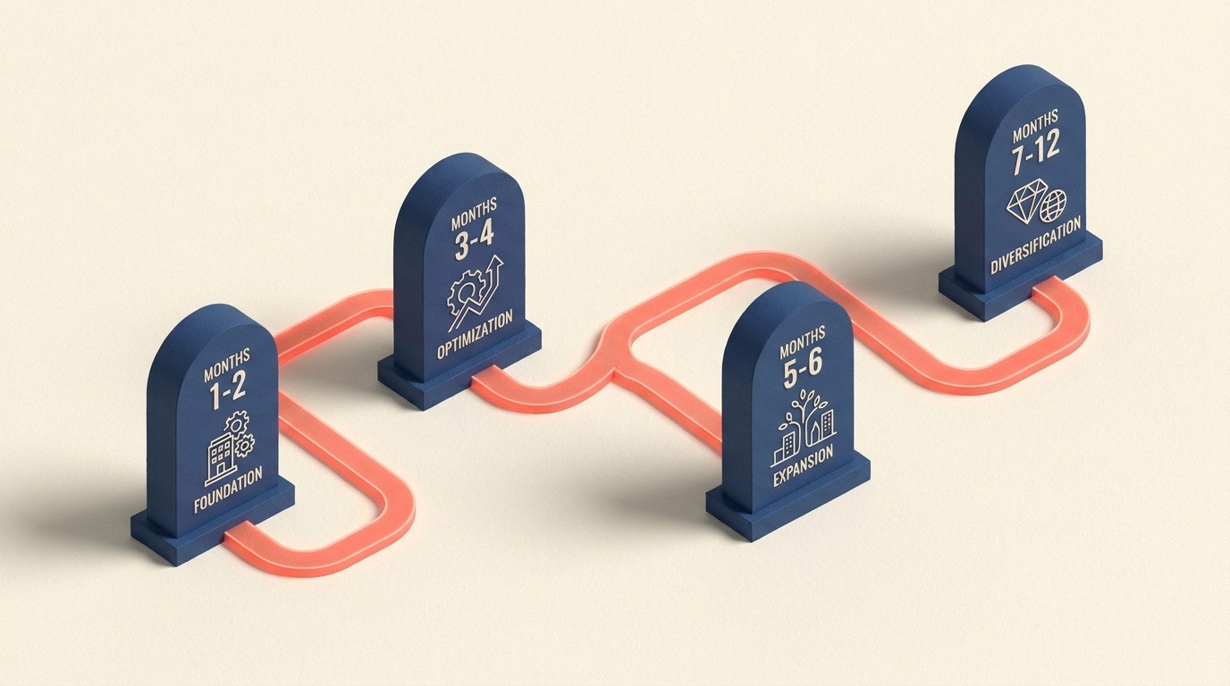 Hoja de ruta de estrategia de tráfico a 12 meses, desde la fundación y optimización hasta la expansión y diversificación