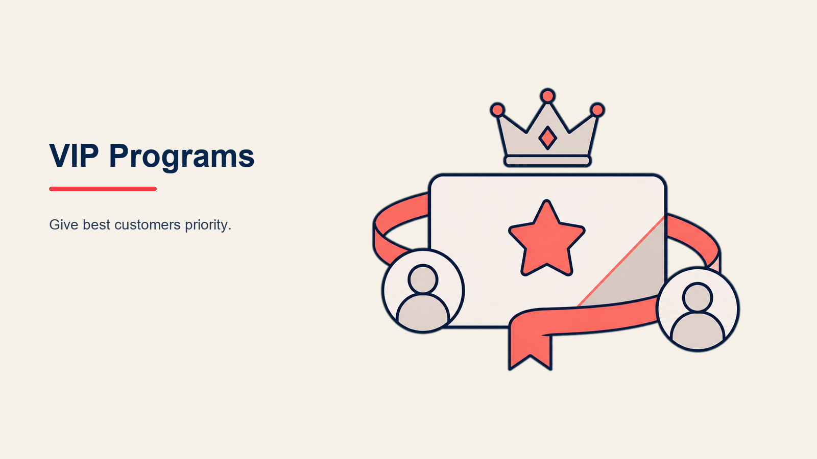 VIP Customer Programs illustrated as a premium membership token unlocks three ascending service tiers around a protected customer-value core