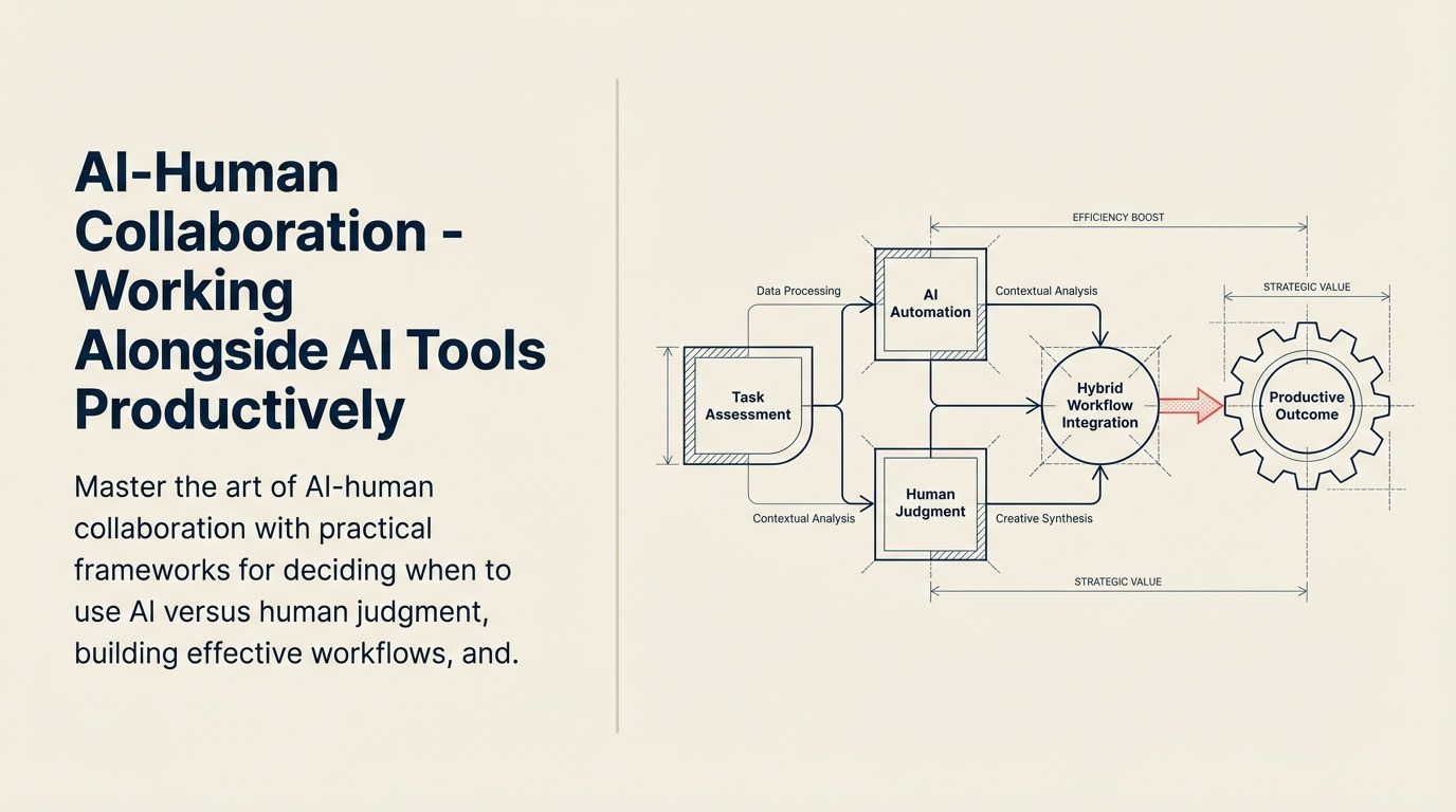 What Is AI-Human Collaboration? shown as a precision mechanical handoff between an abstract AI processor tile and a human judgment compass