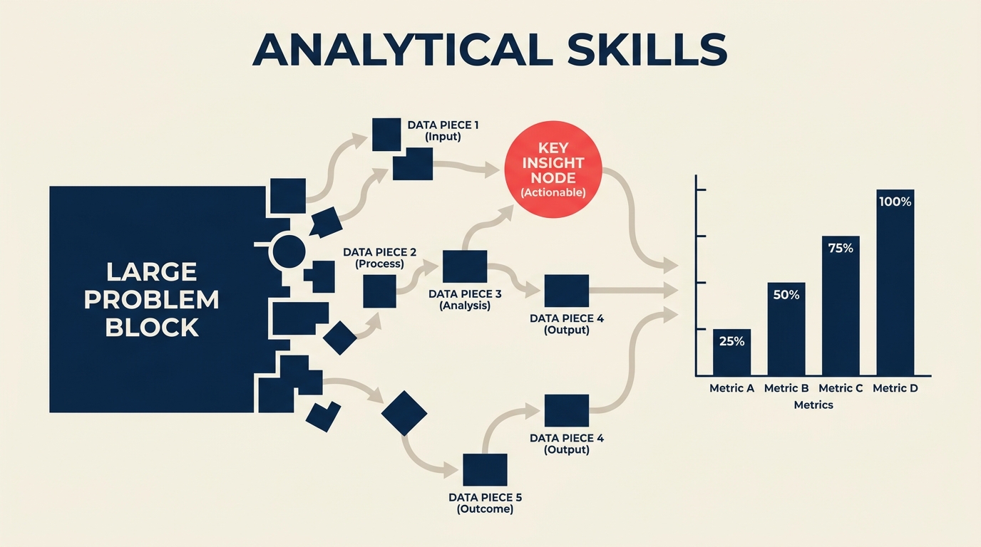 Analytical Skills illustrated by a tangled bundle of data strands passing through a faceted analysis lens and emerging as one clear coral decision arrow