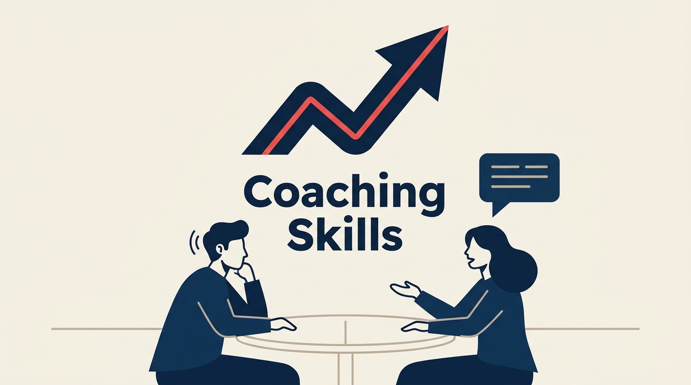 Coaching Skills for Managers illustrated by listening funnel turning a question mark shaped curve into a coral self-directed action arrow