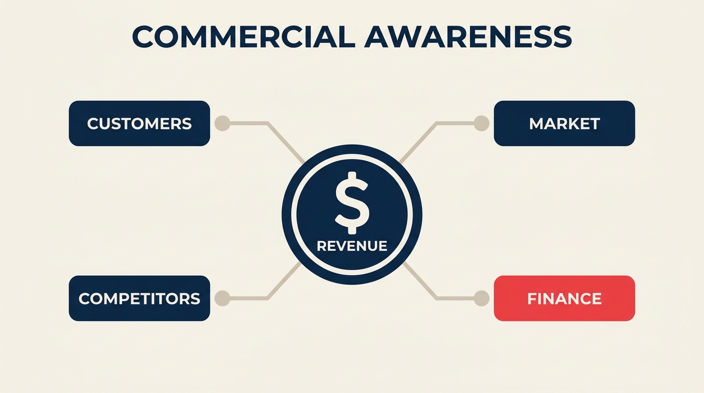 Commercial Awareness illustrated by a work gear meshing with customer, revenue, cost, and market rings around a coral value center