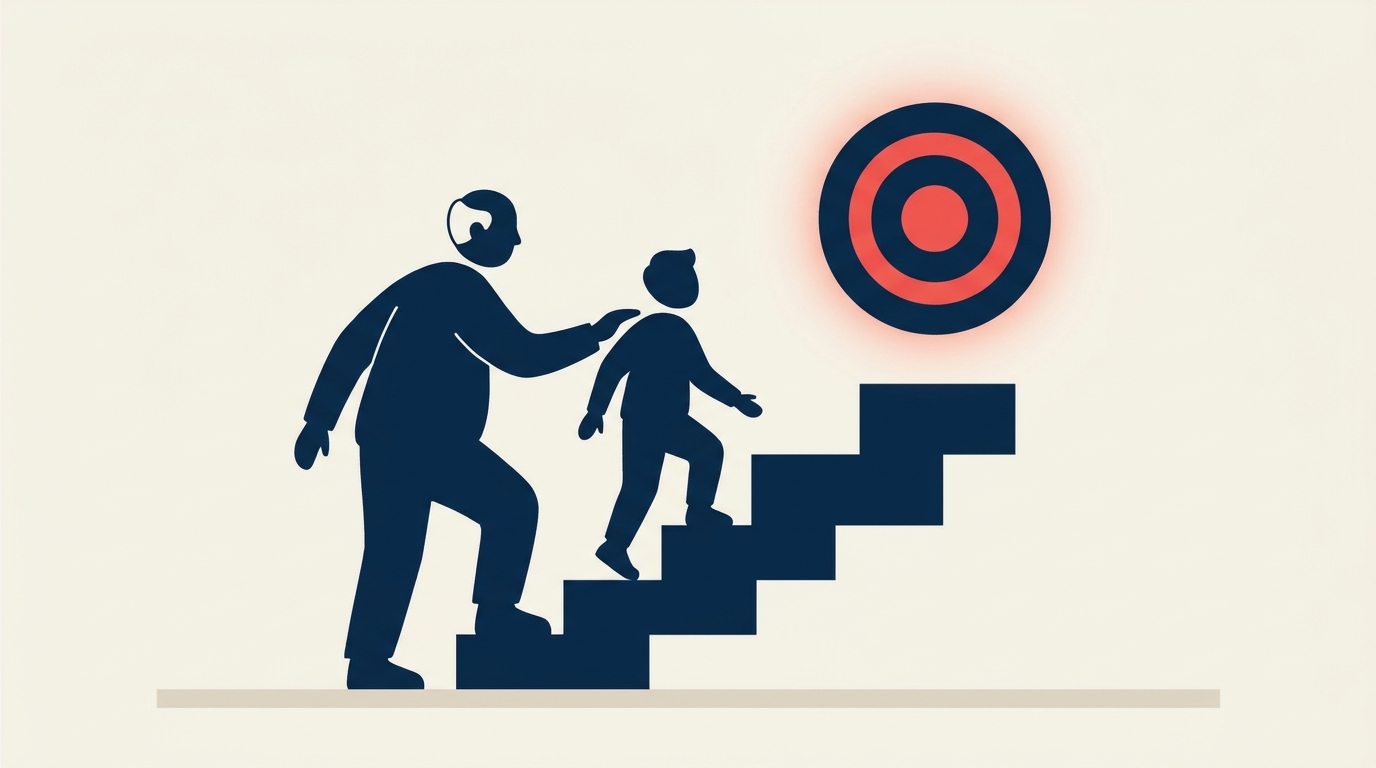 Mentor, der eine Mentee entlang eines Karrierepfads begleitet, als Illustration von Mentoring-Fähigkeiten