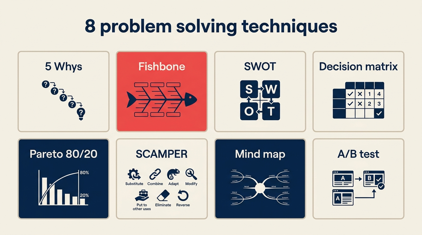 8つの問題解決テクニック:5 whys、フィッシュボーン、SWOT、決定行列、パレート80/20、SCAMPER、マインドマップ、A/Bテスト