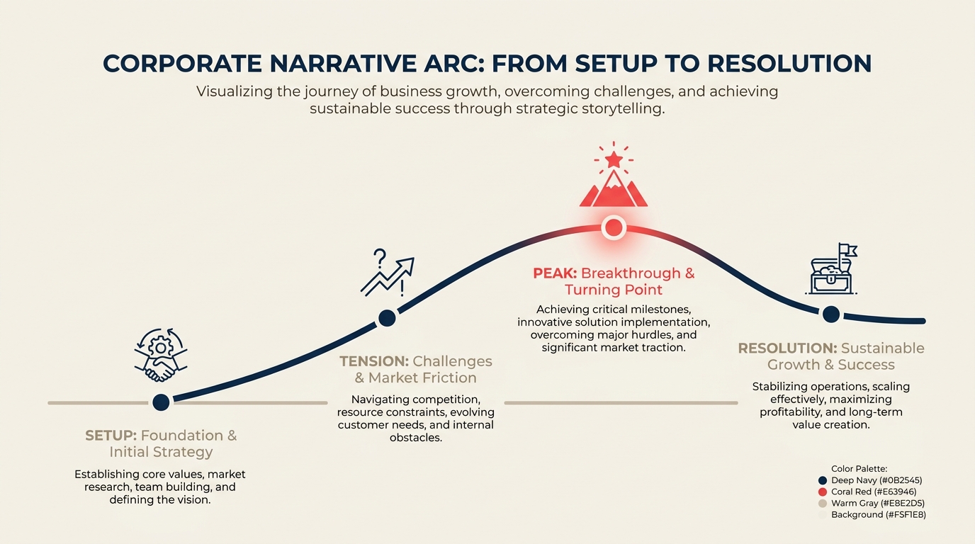 What Is Storytelling at Work? illustrated with a single coral thread weaving through a character token, a tight knot of tension, and a resolved bridge toward a clear business decision