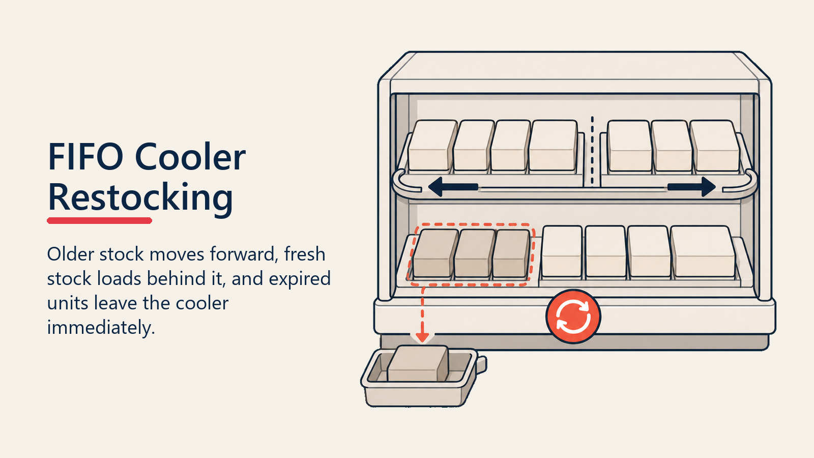 FIFO Cooler Restocking shown as FIFO cooler rotation rail
