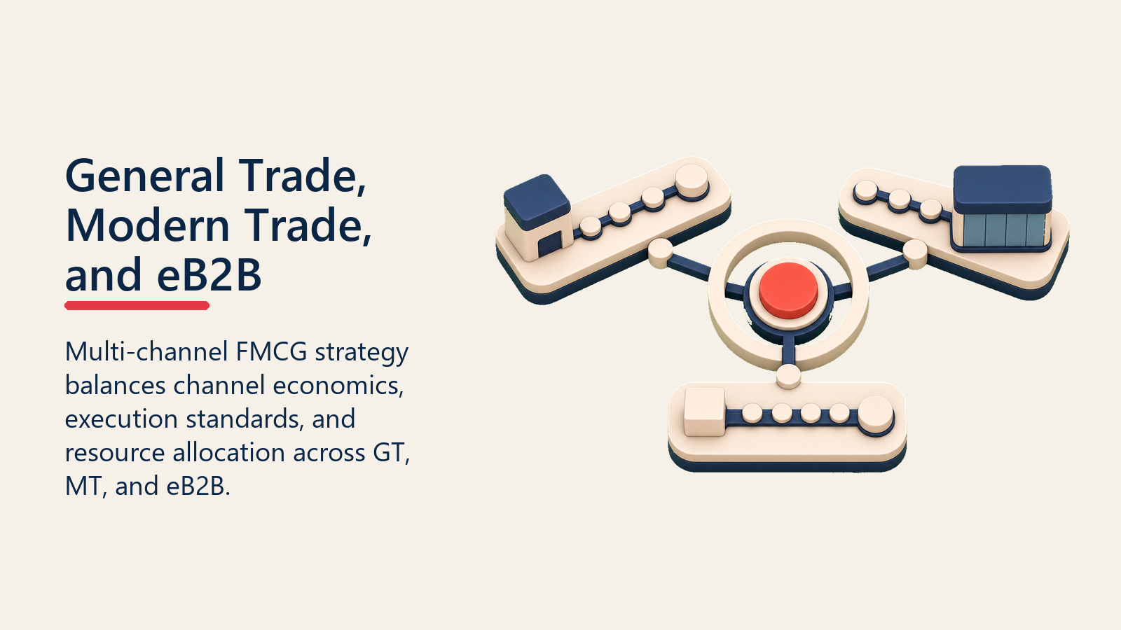 General Trade, Modern Trade, and eB2B shown as three-channel strategy lens