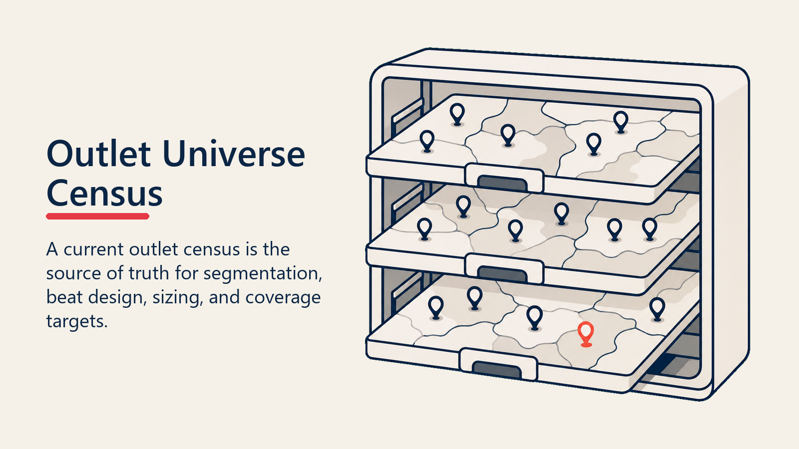 Outlet Universe Census shown as territory map cabinet with outlet pins