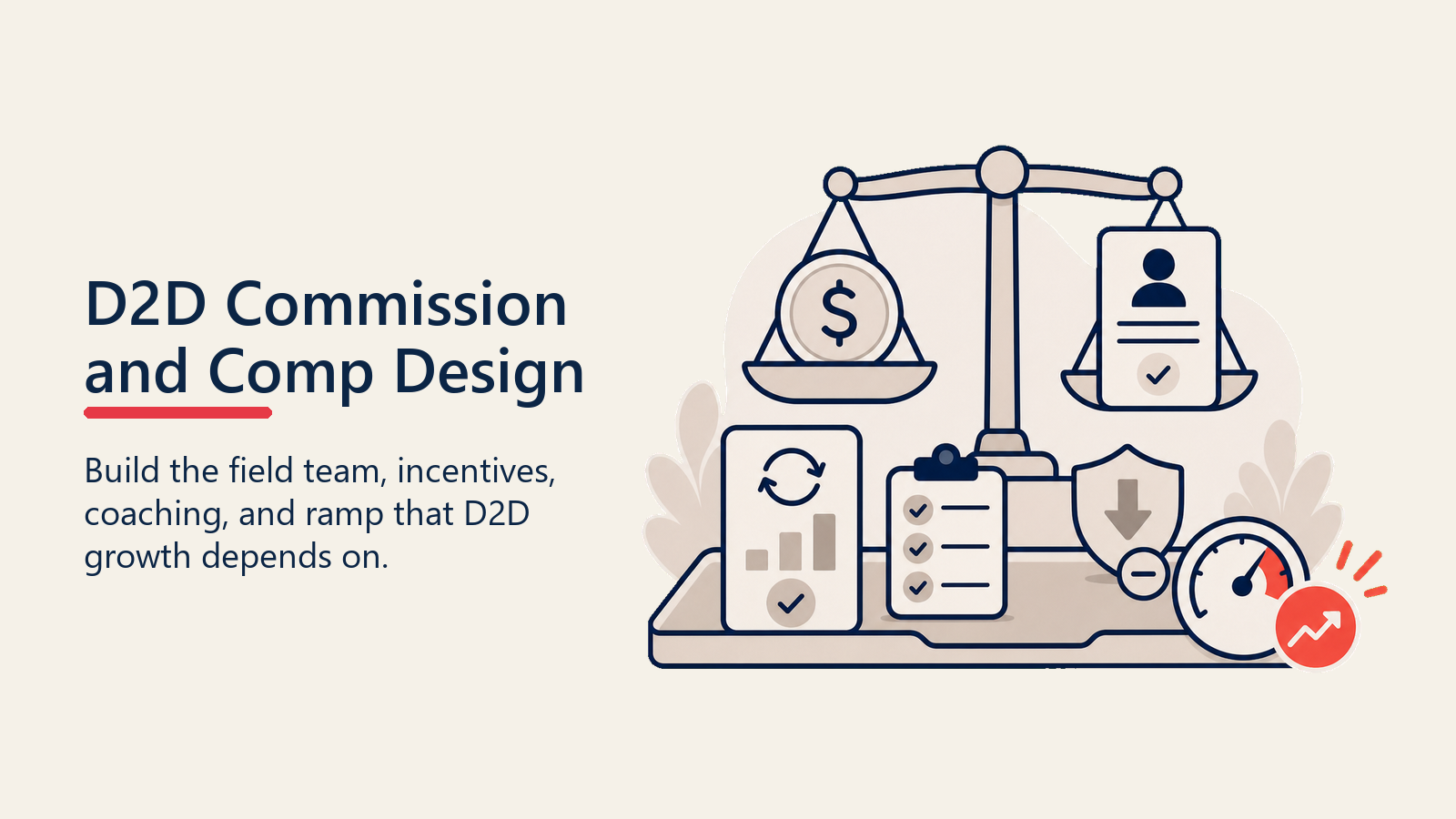 D2D commission plan design shown as a calibrated pay dial balancing earnings with retained subscription accounts