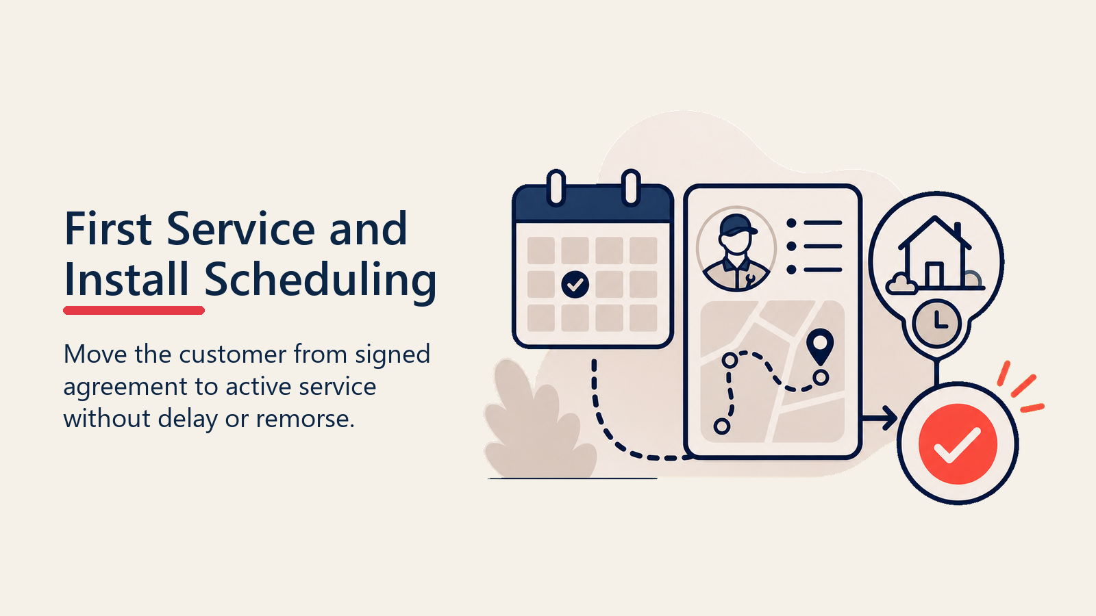 First service scheduling shown as a signed service card docking into a technician route calendar