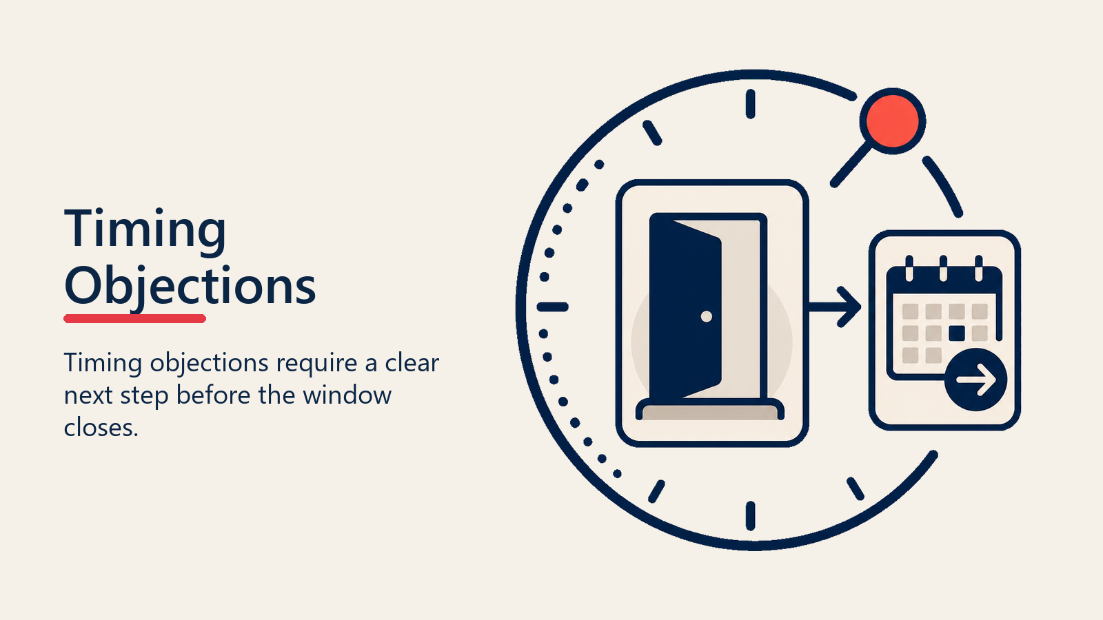 How to Handle Timing Objections illustrated with a rounded calendar-clock mechanism turning a vague drifting speech cloud into one precise coral appointment pin