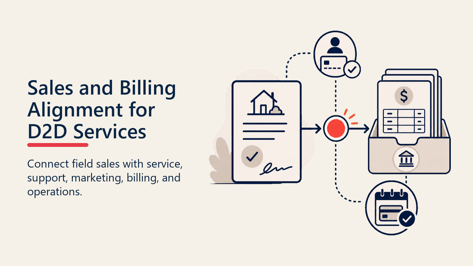 D2D Sales and Billing Alignment illustrated as a doorstep agreement fitting precisely into a billing ledger