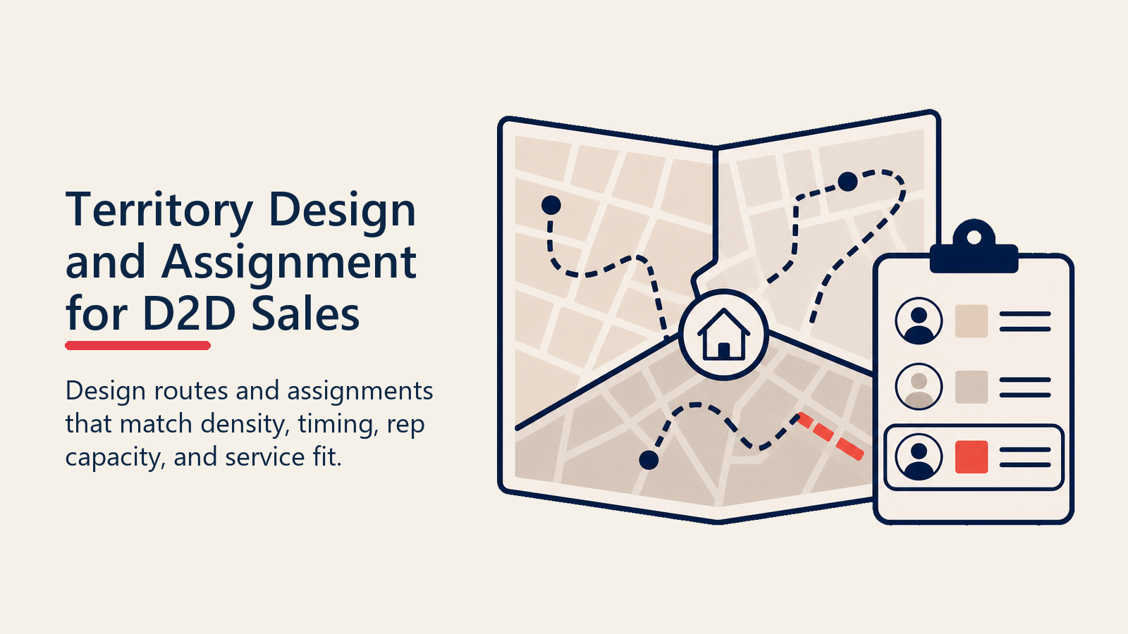D2D territory design shown as a rounded map tile combining door density, customer fit, and rep ownership
