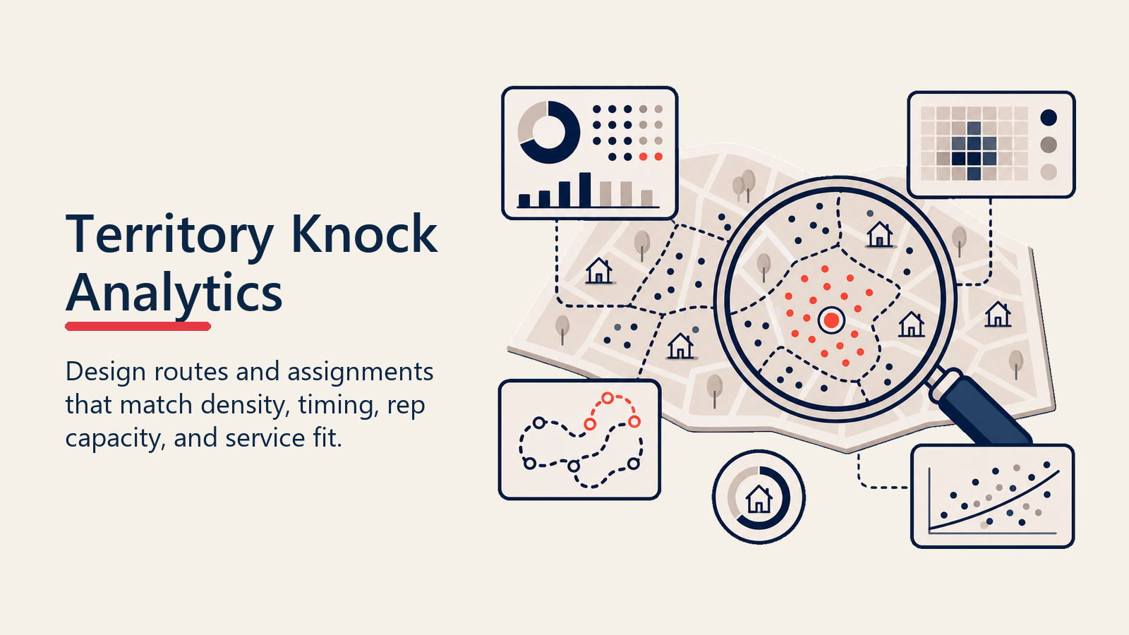 Territory and knock analytics illustrated by a neighborhood map lens turning door outcomes into an actionable route