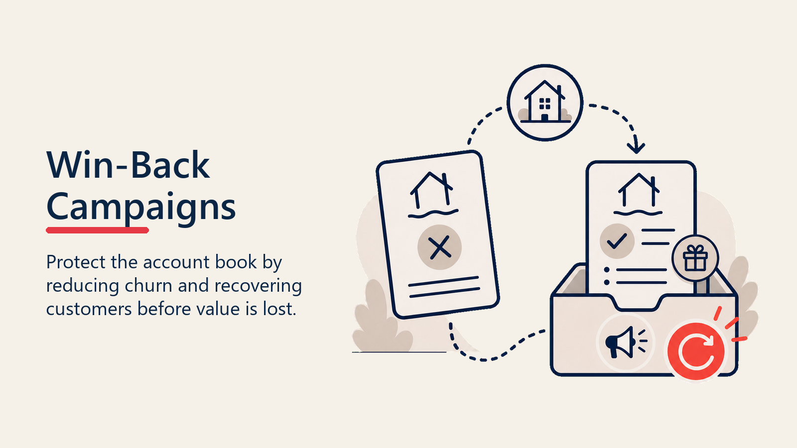 Win-Back Campaigns for D2D Subscribers illustrated with a smooth return boomerang carrying a former customer account token back toward an open service doorway, with one coral reconnection point