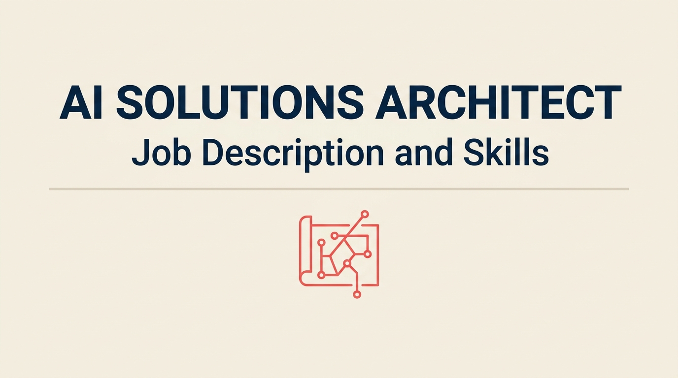 AI Solutions Architect Job Description: A graceful architectural bridge connects a business brief and data reservoir on one side to model, cloud, governance shield, and production workflow on the other, with one coral keystone