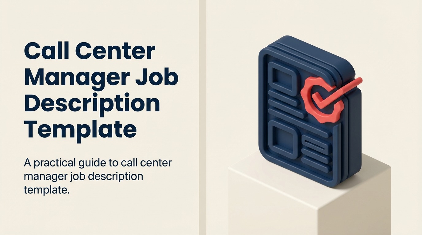 Call Center Manager Job Description illustration showing agent teams, workforce planning, service quality, coaching, KPIs.