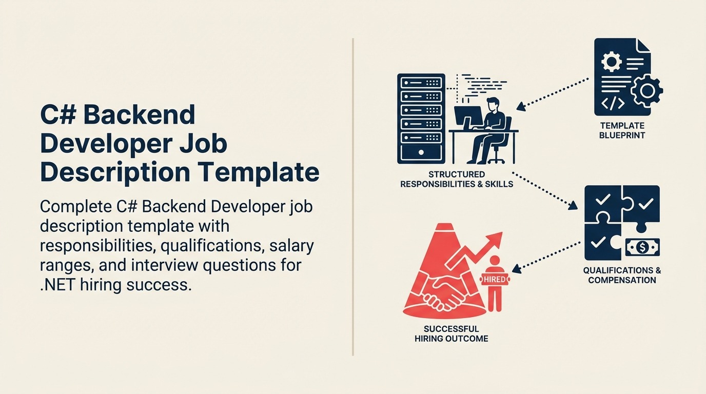 C# backend developer job description illustrated by a server core connecting an API gateway and database
