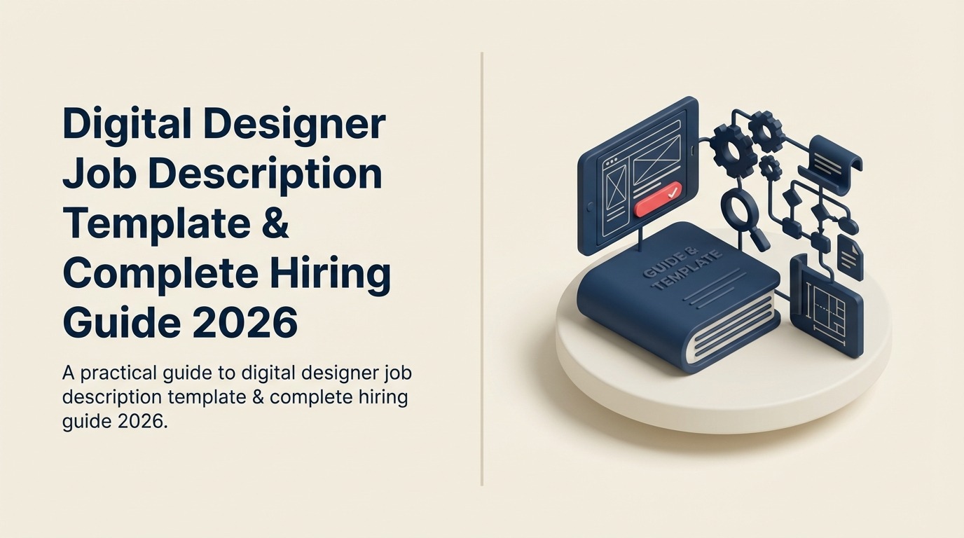 Digital Designer Job Description illustrated with a responsive design still life with phone frame, browser canvas, motion ribbon, and accessibility lens
