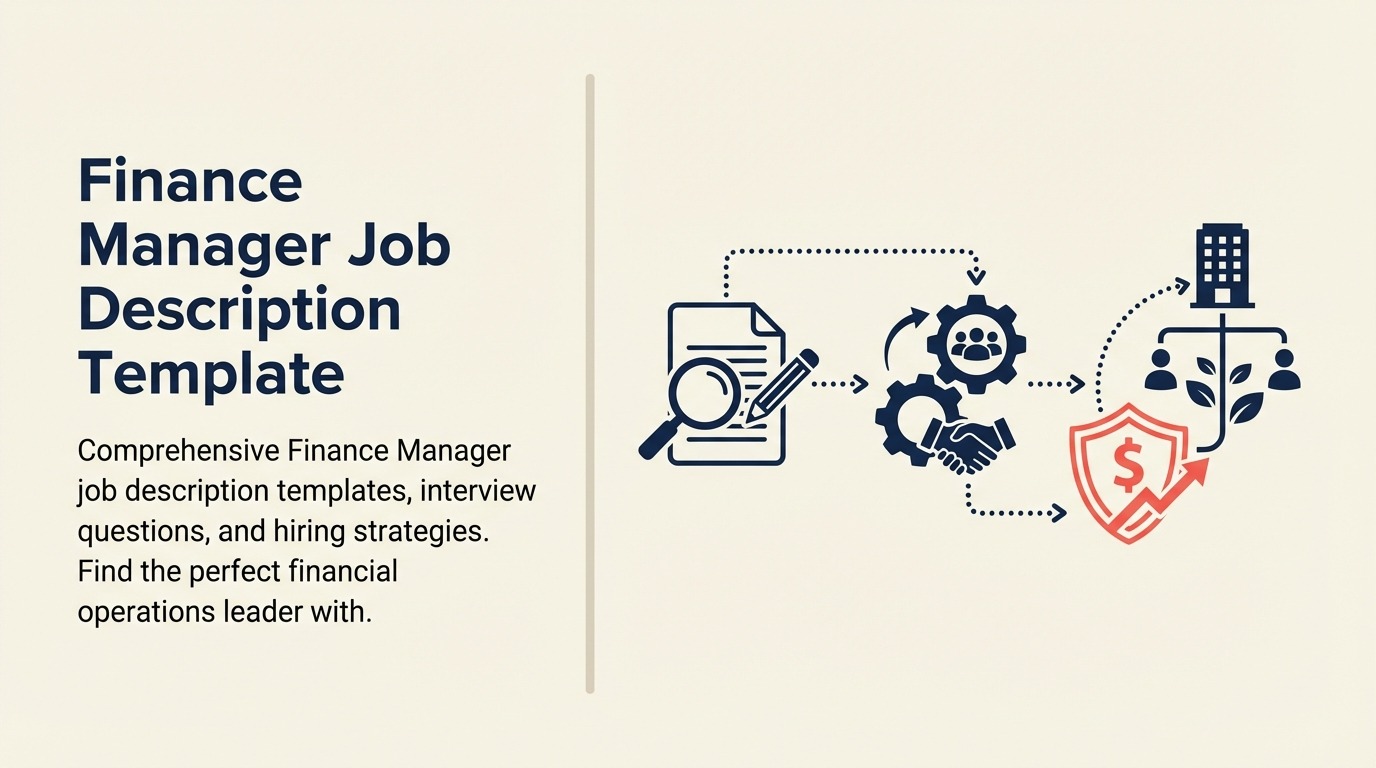 Finance Manager Job Description shown as a financial control tower combining ledger book, cash reservoir, forecast telescope, compliance shield, and one coral decision beacon.