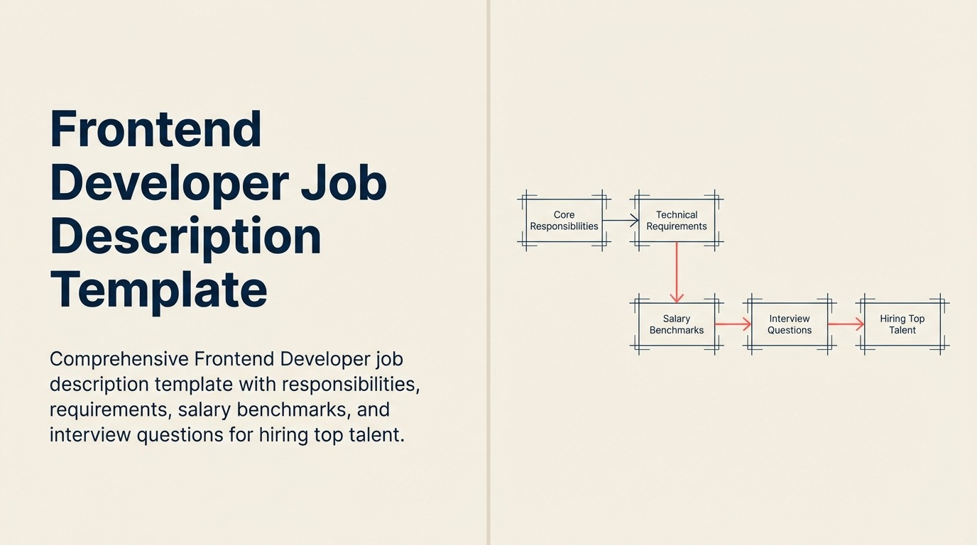 Frontend Developer Job Description: A graceful interface loom weaves design tiles and code strands into one responsive layout spanning phone, tablet, and desktop frames, with one coral accessibility focus ring