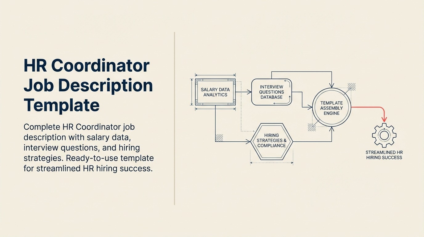 HR Coordinator Job Description shown as an organized people-operations hub with employee folders, onboarding path, calendar, benefits packet, and coral service alert.