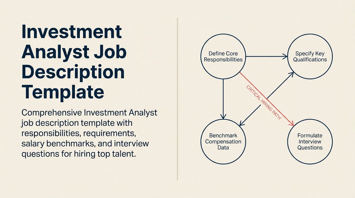 Investment Analyst Job Description illustration showing financial statements, valuation models, market research, portfolio decisions.