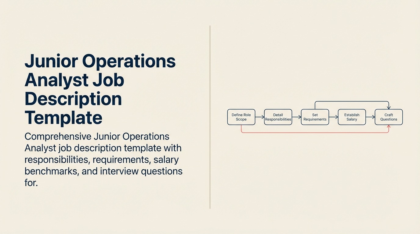 Junior Operations Analyst Job Description shown as junior operations analyst role represented by a distinctive editorial emblem combining the role's core work artifacts