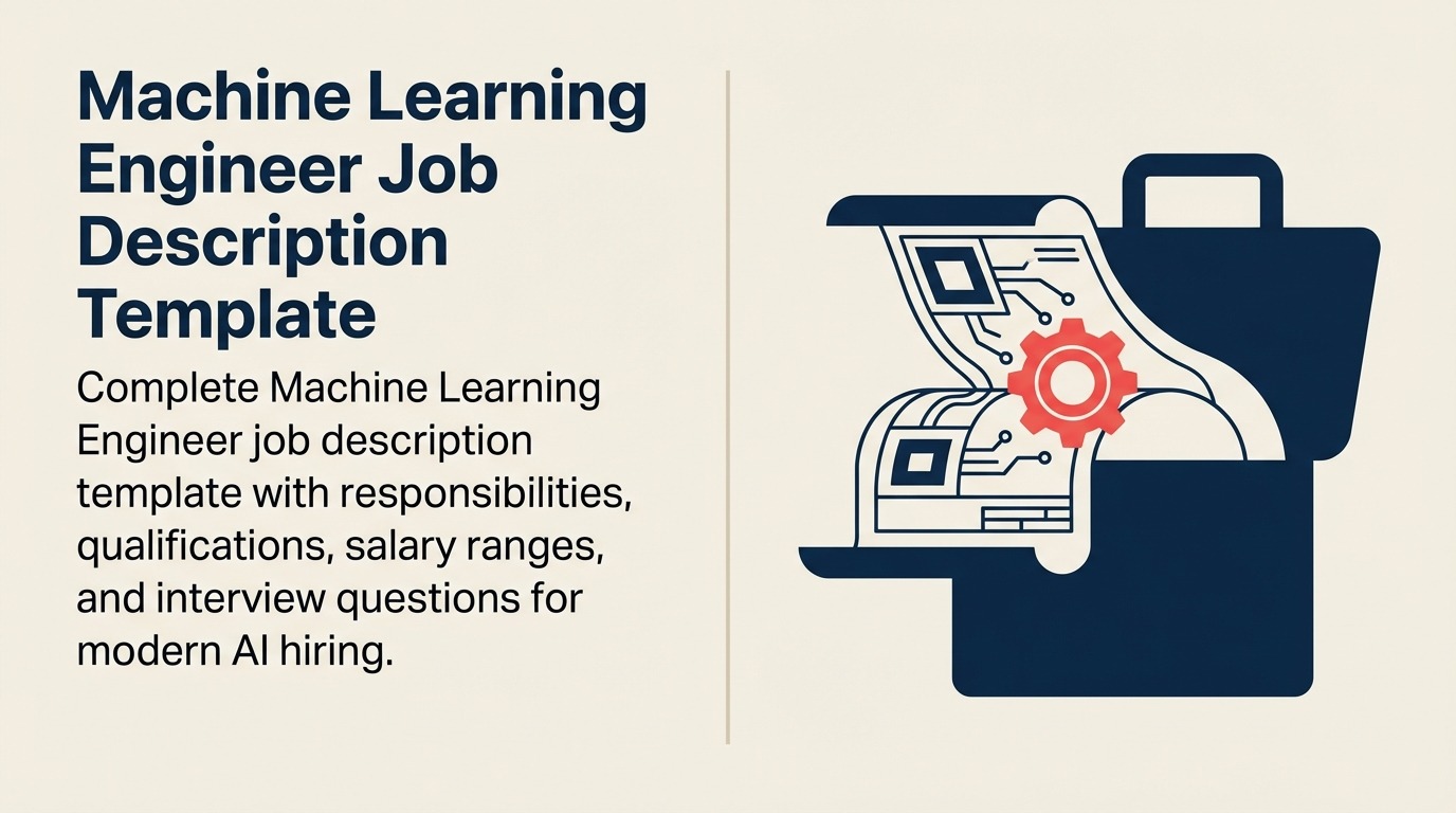 Machine Learning Engineer Job Description shown as a compact machine-learning engine combining a model core, data intake funnel, deployment rail, monitoring gauge, and one coral reliability check.