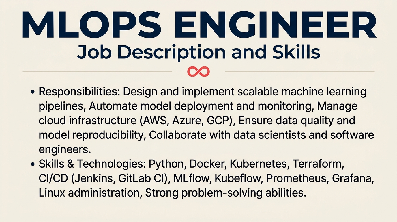MLOps Engineer job description shown as a model service rail with monitoring and rollback controls