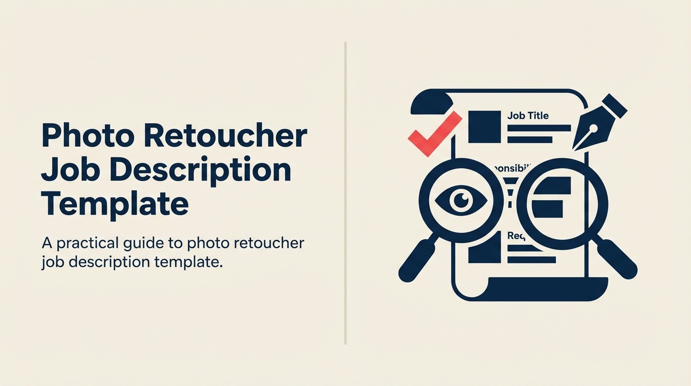 Photo Retoucher Job Description: A large precision loupe spans a raw photo tile and a polished photo tile, with color curve ribbon, layer stack, detail brush, and one coral correction marker integrated into the object