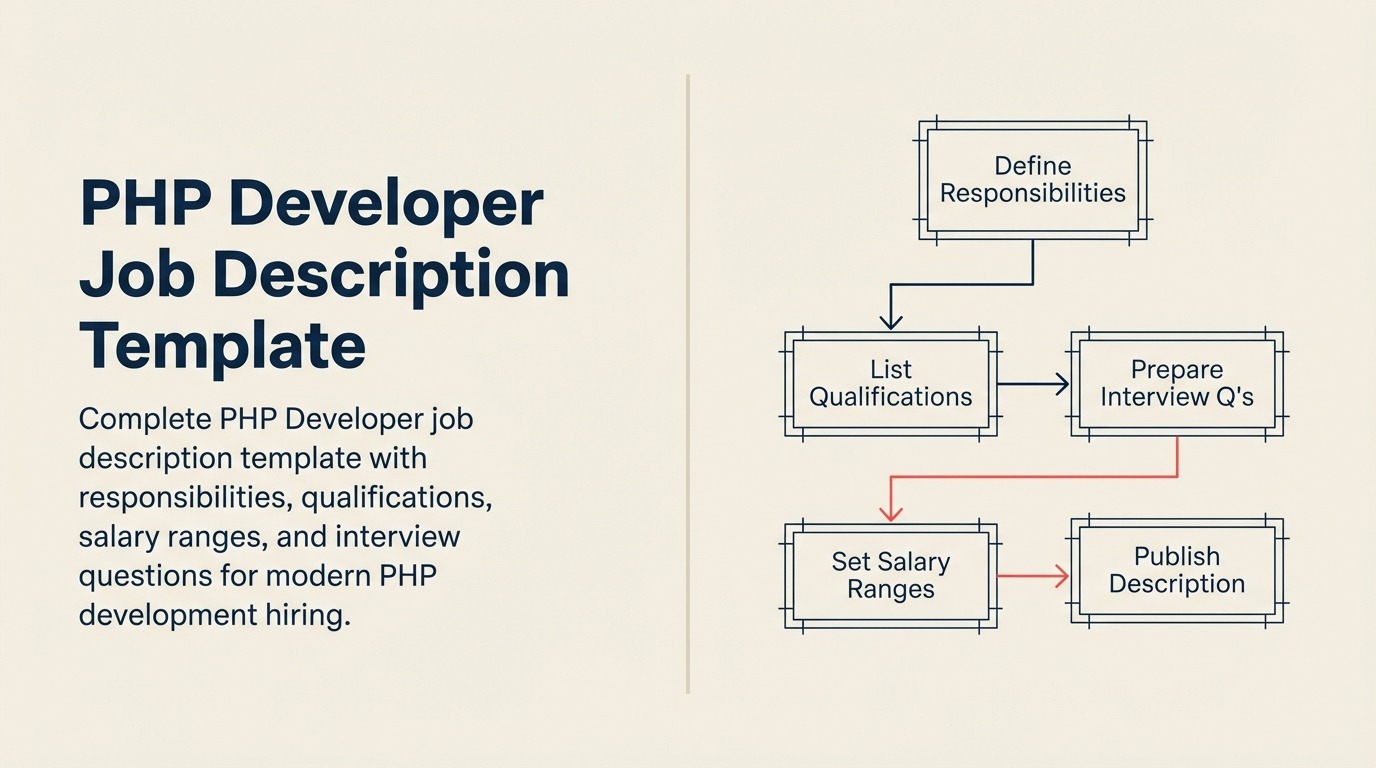 PHP Developer job description illustrated by a secure backend engine linking APIs and databases