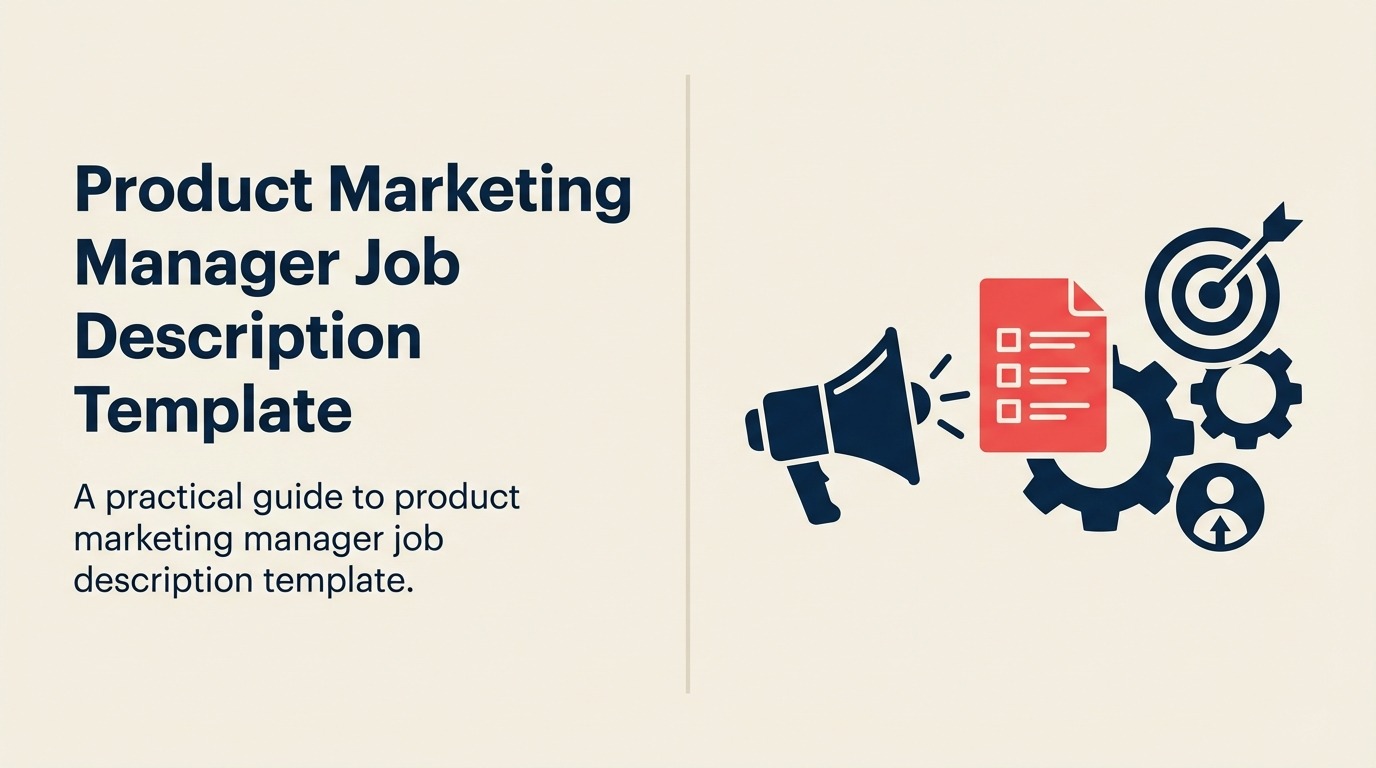 Product Marketing Manager Job Description shown as a go-to-market flywheel with customer lens, positioning compass, launch lever, sales toolkit, adoption pulse, and coral market signal.