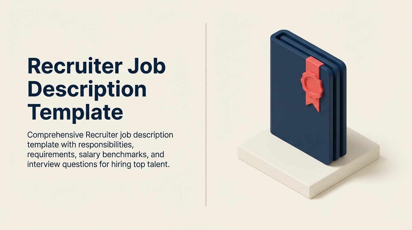 Recruiter Job Description illustration showing intake, sourcing, screening, interviews, offer, candidate experience.