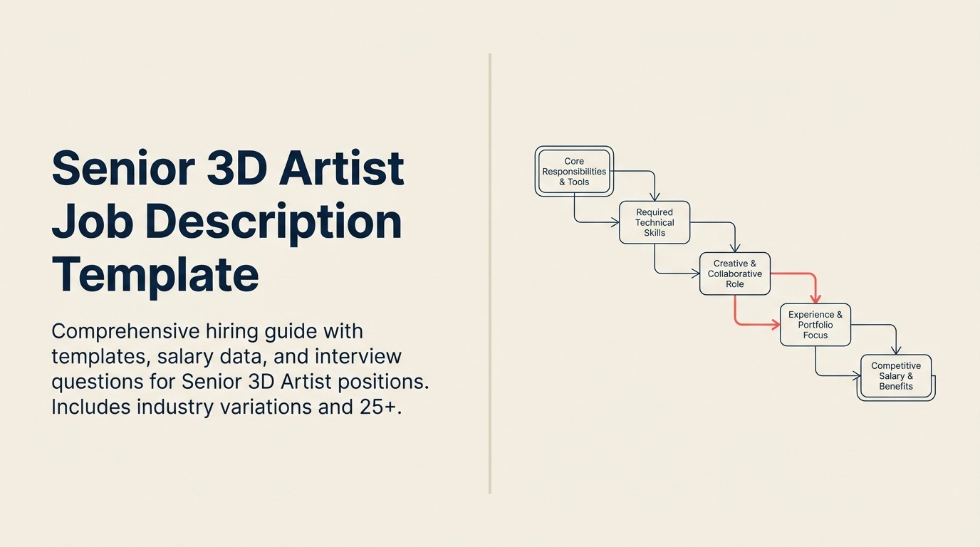 Senior 3D Artist Job Description shown as a master 3D sculpt on a turntable surrounded by topology tools, pipeline repair wrench, mentoring orbit, and coral quality standard.