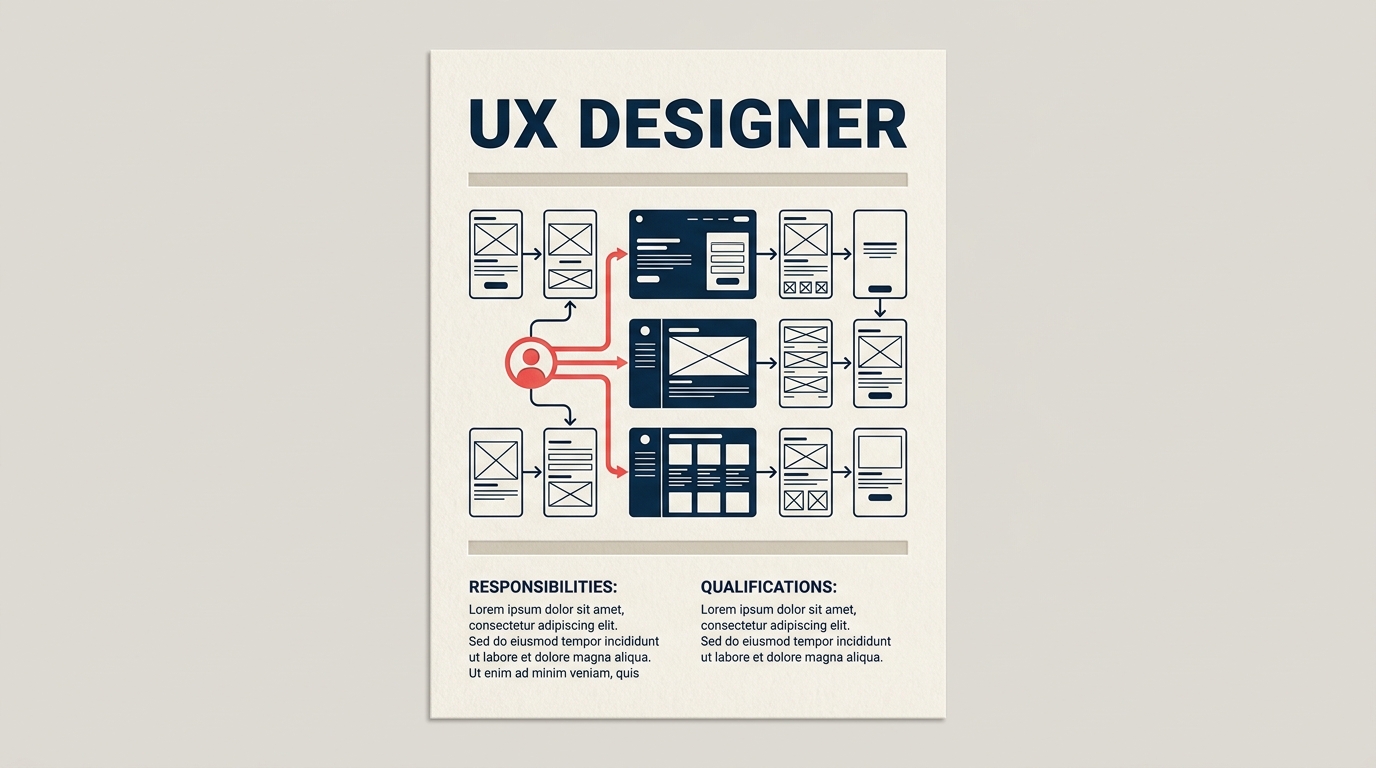 UX Designer Job Description illustration showing research, information architecture, wireframes, prototypes, usability testing.