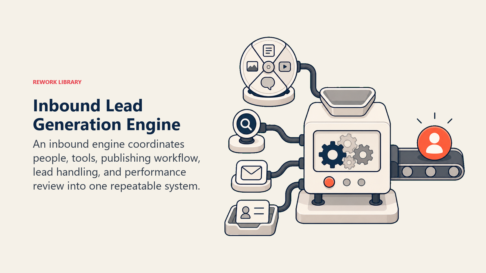 Inbound lead generation engine shown as a content workbench feeding a lead output