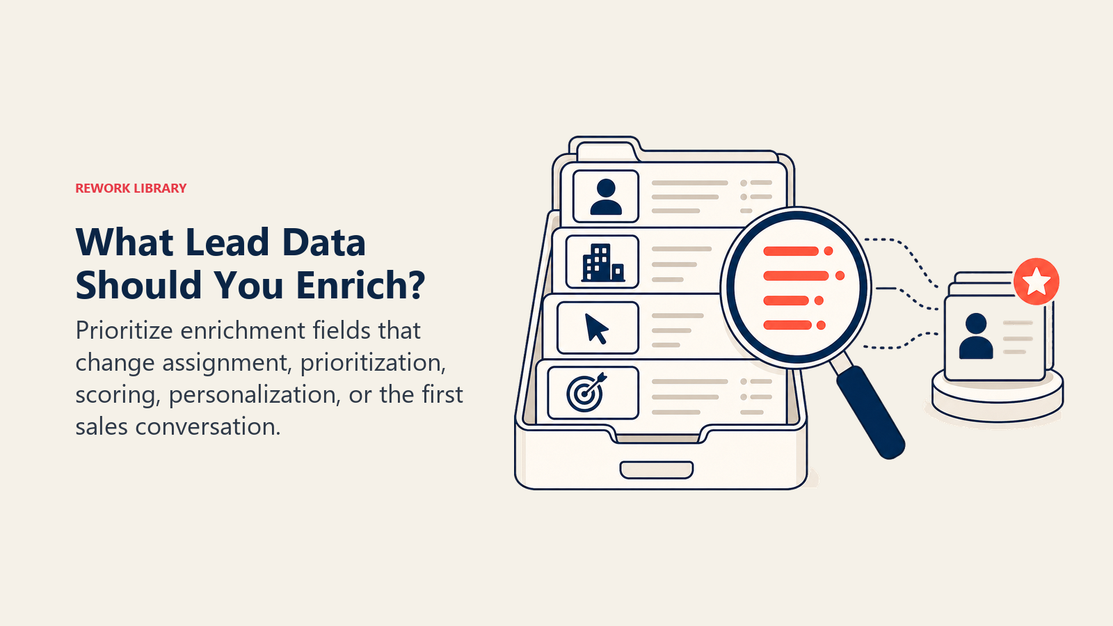 What Lead Data Should You Enrich? visual showing a data cabinet with a field-selection lens