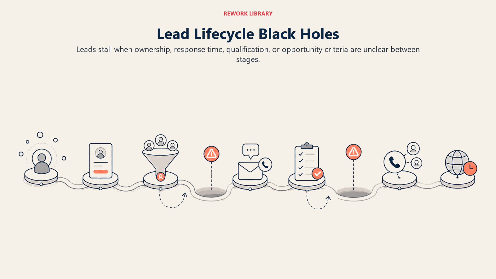 Buracos negros do ciclo de vida do lead representados como pontos de estagnação ao longo do caminho de estágios