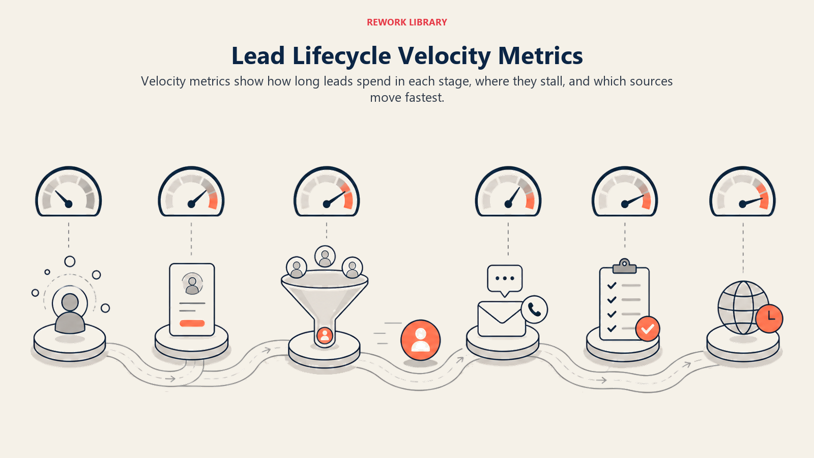 Métricas de velocidade do ciclo de vida do lead representadas como medidores ao longo de um caminho de avanço de estágios
