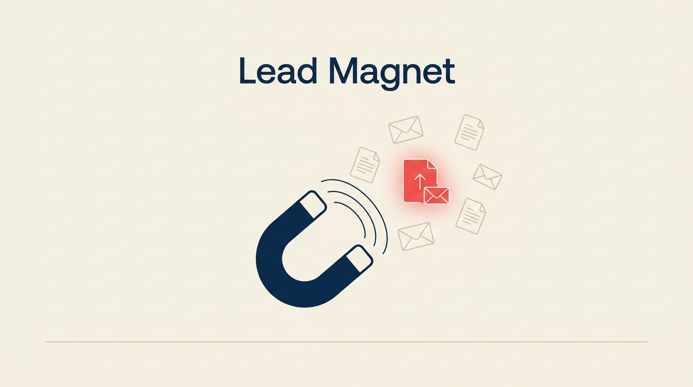 Ilustração de lead magnet mostrando um ímã atraindo ícones de contato e documento