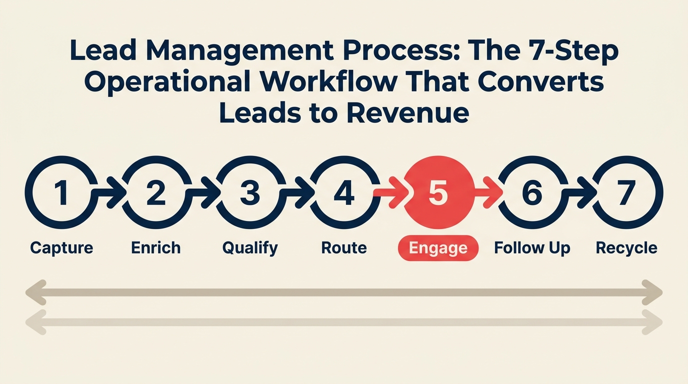 Lead management process showing 7 steps from capture through enrichment, qualification, routing, engagement, follow-up, and recycling