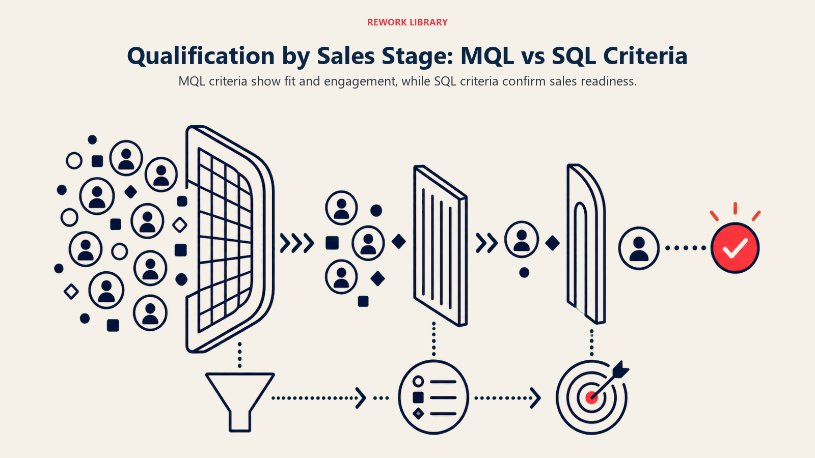 MQL vs SQL Criteria stage gates showing qualification tightening as intent rises