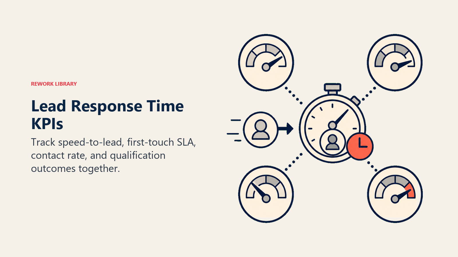 KPIs de tempo de resposta de leads representados como medidores de resposta e um alerta de SLA