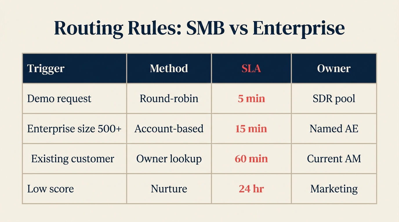 Exemplos de regras de roteamento de leads para equipes de PME e Enterprise